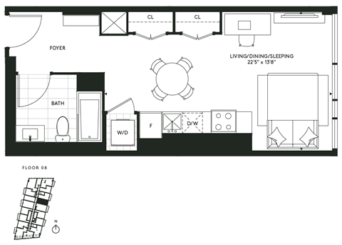 Floor plan for studio, 1 bath, 480 sqft